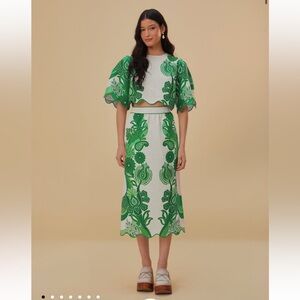 NWT Farm Rio Set Green Color Festival Euroflax Midi Skirt and Top